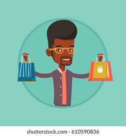 African Man Carrying Shopping Bags. Man Holding Shopping Bags. Man Standing With A Lot Of Shopping Bags. Guy Showing His Purchases. Vector Flat Design Illustration In The Circle Isolated On Background