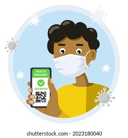 African man with Certificate of vaccination on mobile phone screen in hand with QR code for health passport concept, app with online tracking coronavirus infection immune. Flat vector illustration.