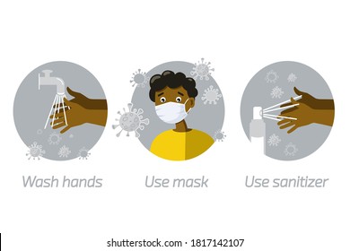 African man character hygiene promotion with wearing a white face medical mask, sanitizing with alcohol and washing your hands, COVID-19. Flat vector illustration.