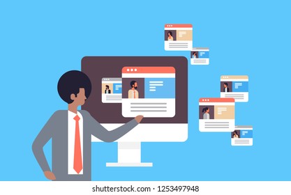 african man choosing different user profiling concept profile resume with photo flat blue background horizontal portrait