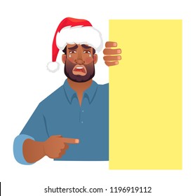 African man in christmas hat holding blank banner. African american man with board. Finger pointing vector illustration