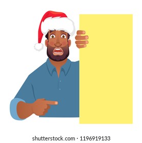 African man in christmas hat holding blank banner. African american man with board. Finger pointing vector illustration