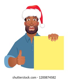 African man in christmas hat holding blank banner. African american man with board. Thumbs up vector illustration