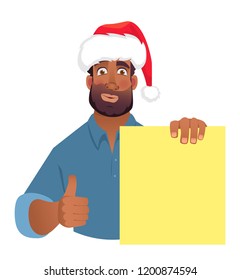 African man in christmas hat holding blank banner. African american man with board. Thumbs up vector illustration