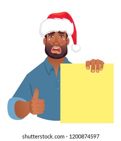 African man in christmas hat holding blank banner. African american man with board. Thumbs up vector illustration