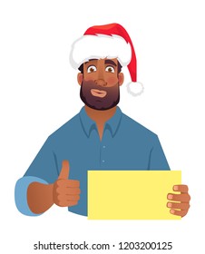 African man in christmas hat holding blank card. African american man with thumbs up. Vector illustration