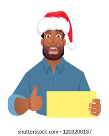 African man in christmas hat holding blank card. African american man with thumbs up. Vector illustration