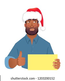 African man in christmas hat holding blank card. African american man with thumbs up. Vector illustration