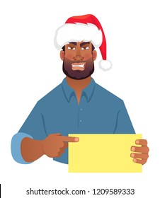African man in christmas hat holding blank card. African american man pointing finger at card. Vector illustration