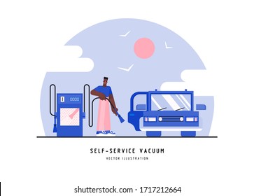 African man is cleaning the interiors of his cars with self-service vacuum cleaner on the background of the sky. Car washing service concept for car cleaning business. Flat vector illustration.