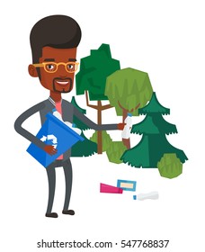 An african man collecting garbage in recycle bin. Man with recycling bin in hand picking up used plastic bottles. Waste recycling concept. Vector flat design illustration isolated on white background.