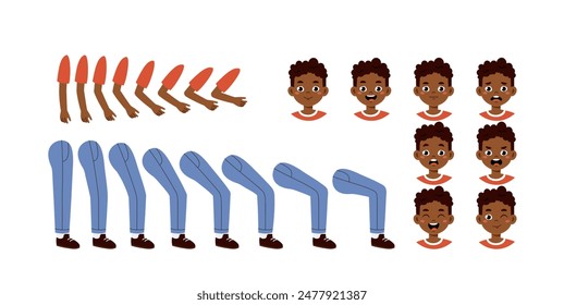 African man constructor. Legs and hands, heads of boy. Graphic elements for creating illustrations and animations. Cartoon flat vector collection isolated on white background