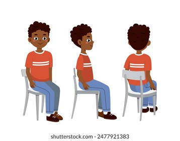 African man constructor. Set of sitting at chairs boys in casual clothes. Graphic elements for creating illustrations and animations. Cartoon flat vector collection isolated on white background