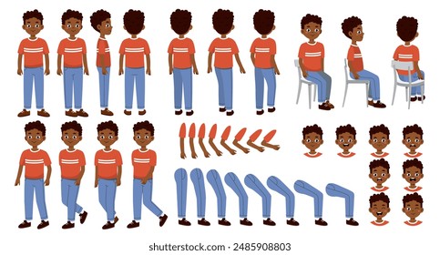 African man constructor set. Young guy in different poses. Pack of hands, heads and legs. Design elements for animations. Cartoon vector collection isolated on white background