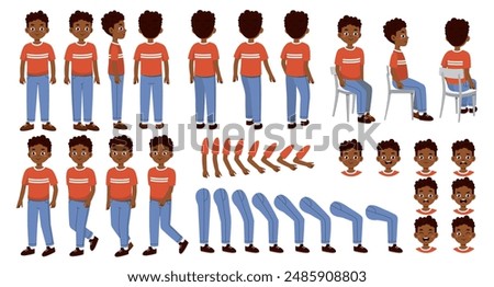 African man constructor set. Young guy in different poses. Pack of hands, heads and legs. Design elements for animations. Cartoon vector collection isolated on white background
