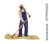 African man in coverall and straw hat working in field with hoe. Black man plowing. Hard manual labor. Farmer character. Traditional agriculture. Flat vector illustration.