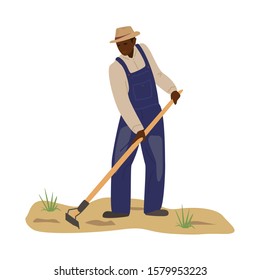 African Man In Coverall And Straw Hat Working In Field With Hoe. Black Man Plowing. Hard Manual Labor. Farmer Character. Traditional Agriculture. Flat Vector Illustration.