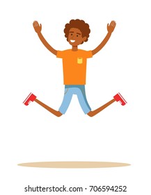 african man dancer dancing. Active guy jumping in joy, isolated on white. Stock flat vector illustration.