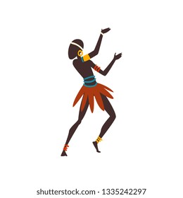 African Man Dancing Folk or Ritual Dance, Male Aboriginal Dancer in Bright Ornamented Ethnic Clothing Vector Illustration