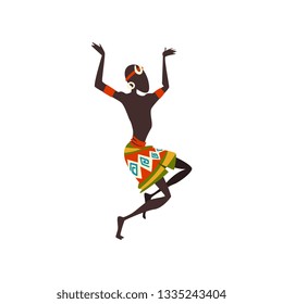 African Man Dancing Folk or Ritual Dance, Male Aboriginal Dancer in Bright Traditional Ethnic Clothing Vector Illustration