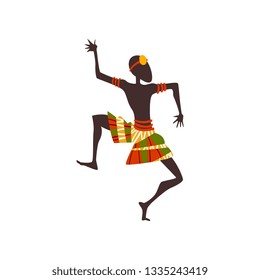 African Man Dancing Folk or Ritual Dance, Aboriginal Dancer in Bright Traditional Ethnic Clothing Vector Illustration