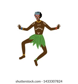 African Man Dancing, Male Aboriginal with Painted Face Dressed in Bright Traditional Ethnic Clothing Vector Illustration