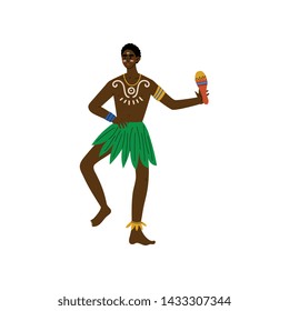 African Man Dancing with Maraca, Male Aboriginal Dressed in Bright Traditional Tribal Ethnic Clothing Vector Illustration