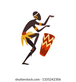 African Man Dancing and Playing Drum, Aboriginal Dancer in Bright Ornamented Ethnic Clothing Vector Illustration