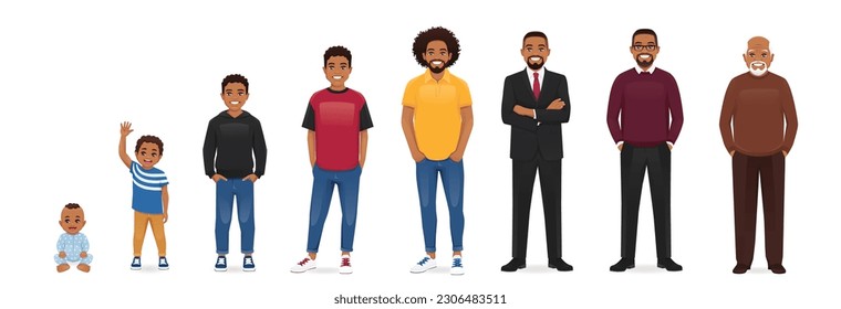 African man of different life stages cartoon characters. Baby, child, teenager, adult, mature and old persons vector illustration isolated
