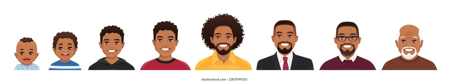 Hombre africano de diferentes escenarios de la vida dibuja avatares de personajes de caricatura. Ilustración vectorial de niños, niños, adolescentes, adultos, adultos y personas mayores aislados