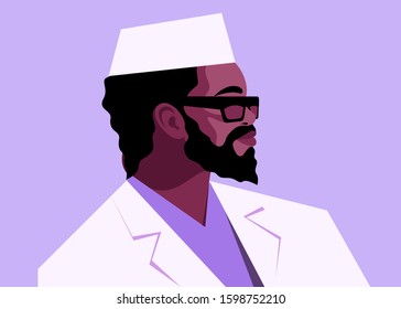 African man as doctor or nurse. Portrait of abstract medical worker wearing white uniform, side view. Vector illustration