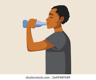 
African Man Drinking from Water Bottle Vetor Cartoon (Homem Africano Bebendo de Garrafa de Água). Cara mantendo o hábito saudável de se hidratar durante o verão
