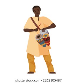 African man with drums. Africa traditional music and dancing party vector cartoon illustration