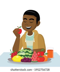 Hombre africano comiendo frutas frescas sanas... vectoriales10