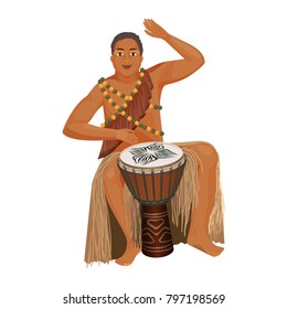 African man in ethnic clothing plays wooden djembe