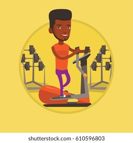 African man exercising on elliptical trainer. Man working out on elliptical trainer in the gym. Man using elliptical trainer. Vector flat design illustration in the circle isolated on background.