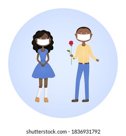 African man in face mask give woman a rose. Date. Vector icon.