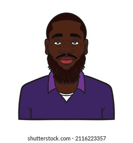 african man with full beard and purple shirt. avatar businessman isolated comic.