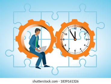 African man, gear wheel, clock and puzzle. Vector illustration. 