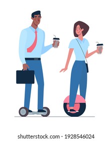 African man and girl riding
on gyroboards. A couple of managers with coffee in their hands ride an environmentally friendly alternative transport. Vector in flat style