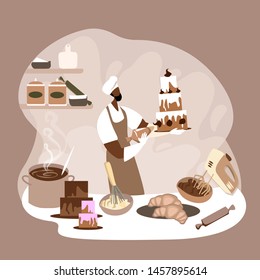 African man glazing a big cake with a chocolate cream and making confections. Confectionery craft process. Flat cartoon colorful vector illustration