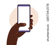 African man hand holding smartphone with blank white screen. Using mobile smart phone. Flat design concept. Vector illustration.
