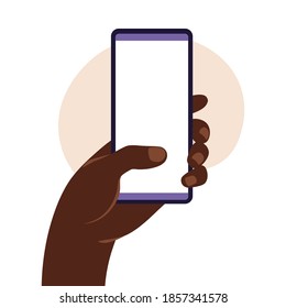 African man hand holding smartphone with blank white screen. Using mobile smart phone. Flat design concept. Vector illustration.