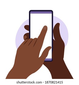 African man hand holding smartphone with blank white screen. Using mobile smart phone. Flat design concept. Vector illustration.