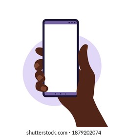 African Man Hand Holding Smartphone With Blank White Screen. Using Mobile Smart Phone. Flat Design Concept. Vector Illustration.