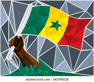 African Man Hand Raising The Flag Of Senegal