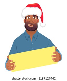 African man in hat holding blank card. African american man with board. Vector illustration