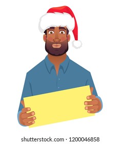 African man in hat holding blank card. African american man with board. Vector illustration