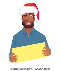 African man in hat holding blank card. African american man with board. Vector illustration