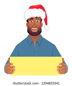 African man in hat holding blank card. Afro american man with board. Vector illustration